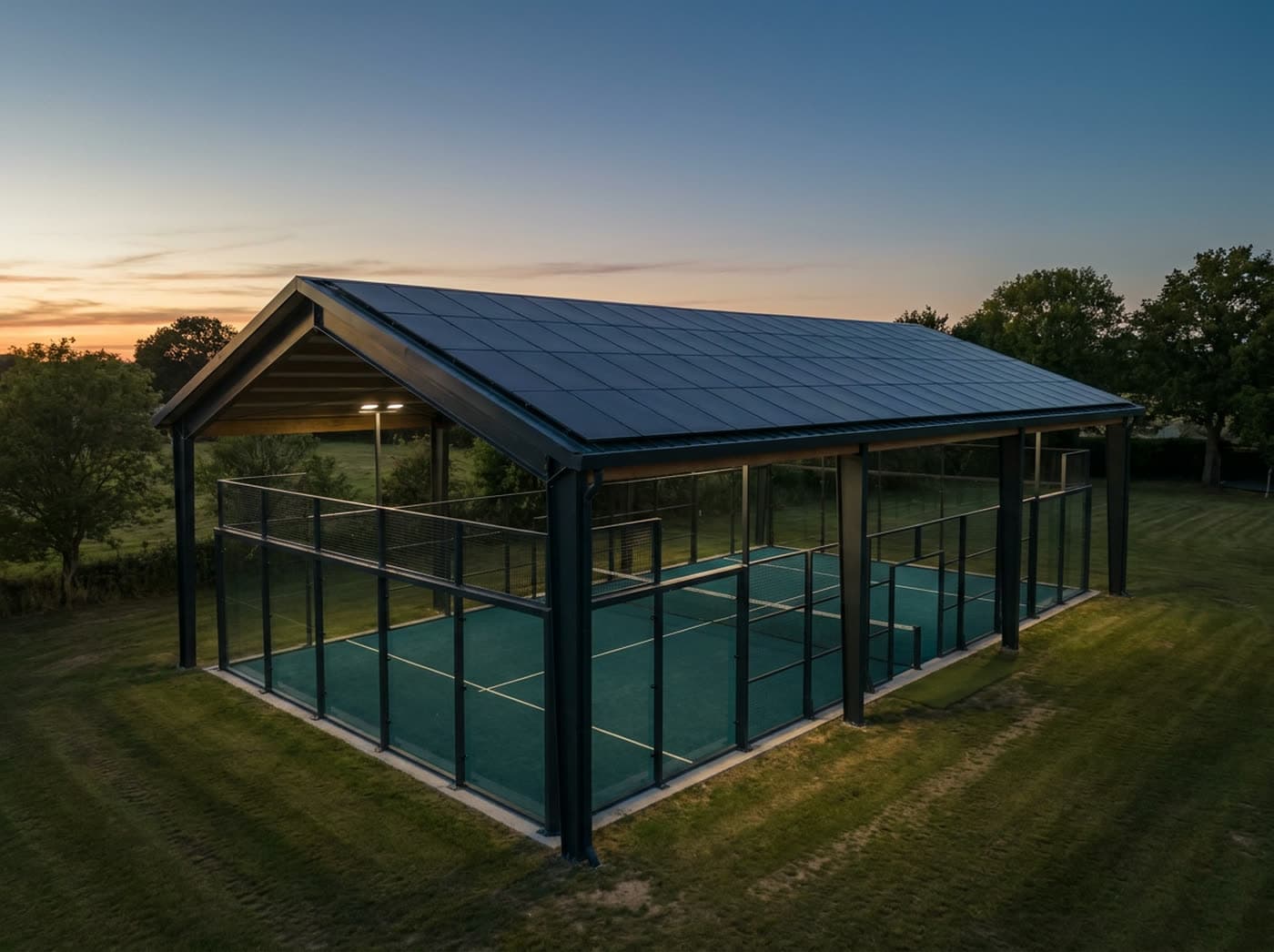 Padelový kurt pod zastřešením s fotovoltaickými panely za soumraku